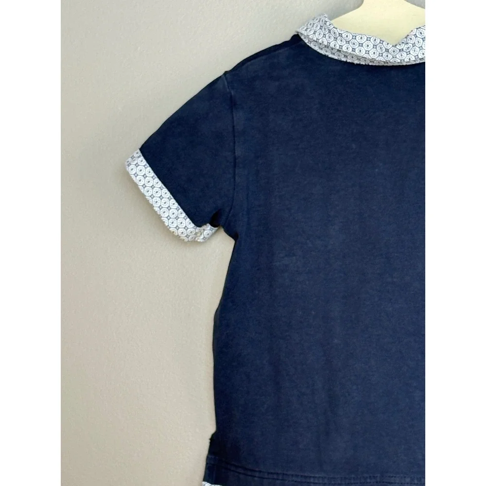 Sarah‎ Louise Girl's Polo Shirt Size 2Y Navy Blue Cotton Blend Geometric Trim